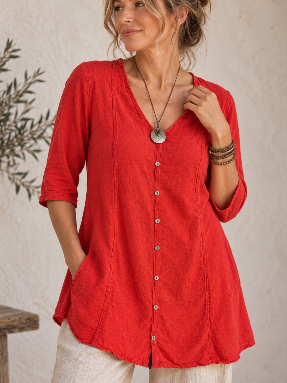 Italian Linen Blend Red Lagenlook Button Front Tunic
